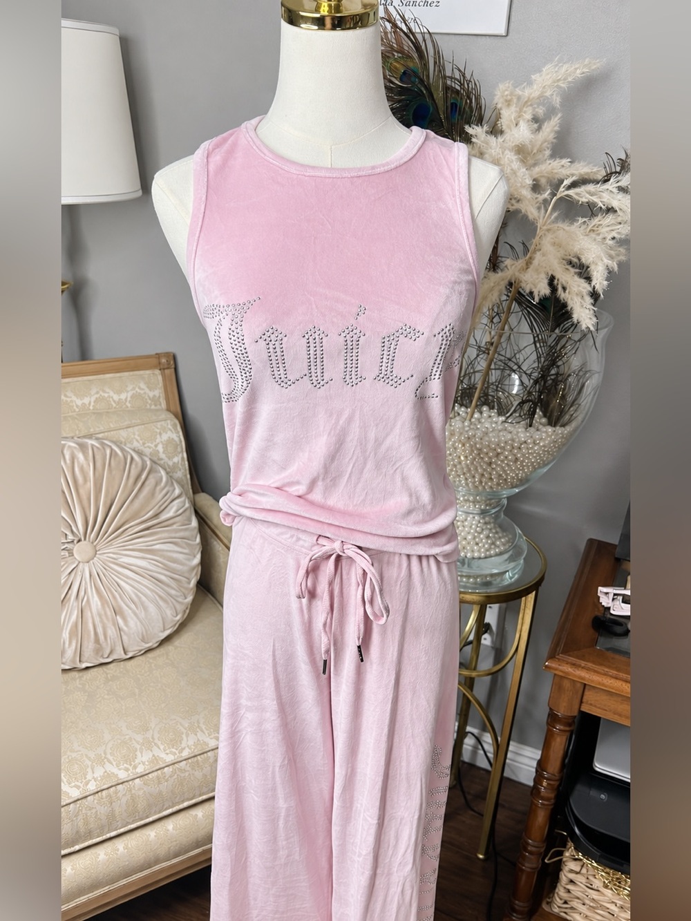 Juicy Couture Pink Velour Sleepwear Set M Rhinestone Tank Pants Y2K, 2000s